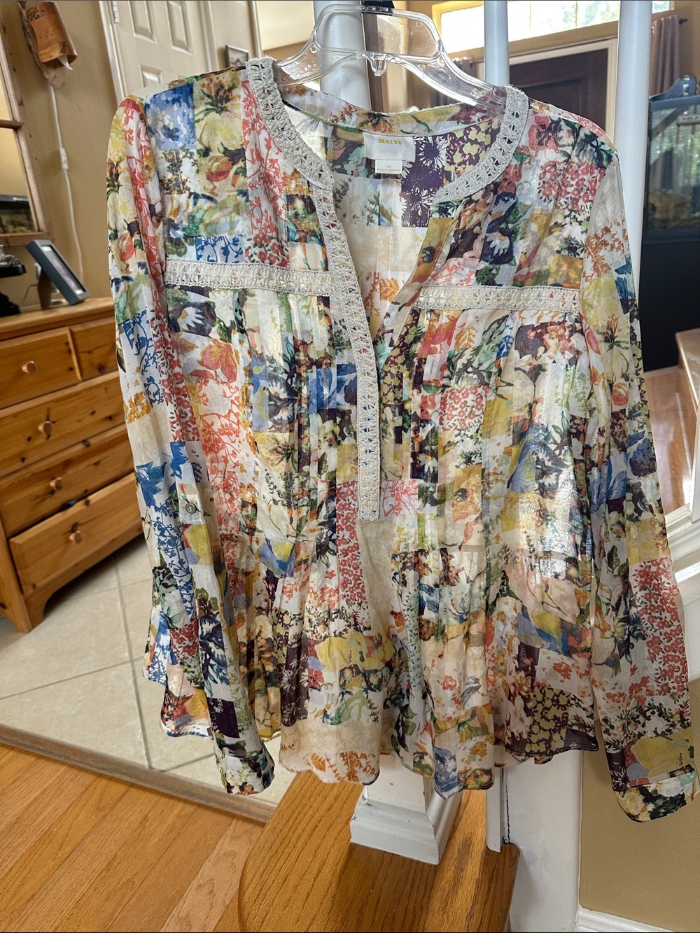 Maeve Floral Patchwork Top in Yellow, Green, Brown-